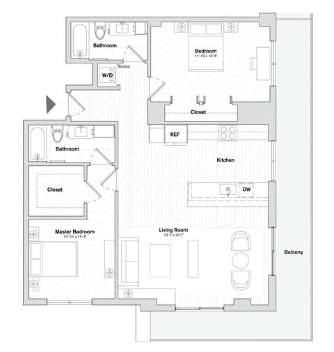 Floor plan for 2 beds, 2 baths, 1284 sqft